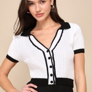 Lulus Poised Achievement Ivory And Black Short Sleeve Collared Sweater White